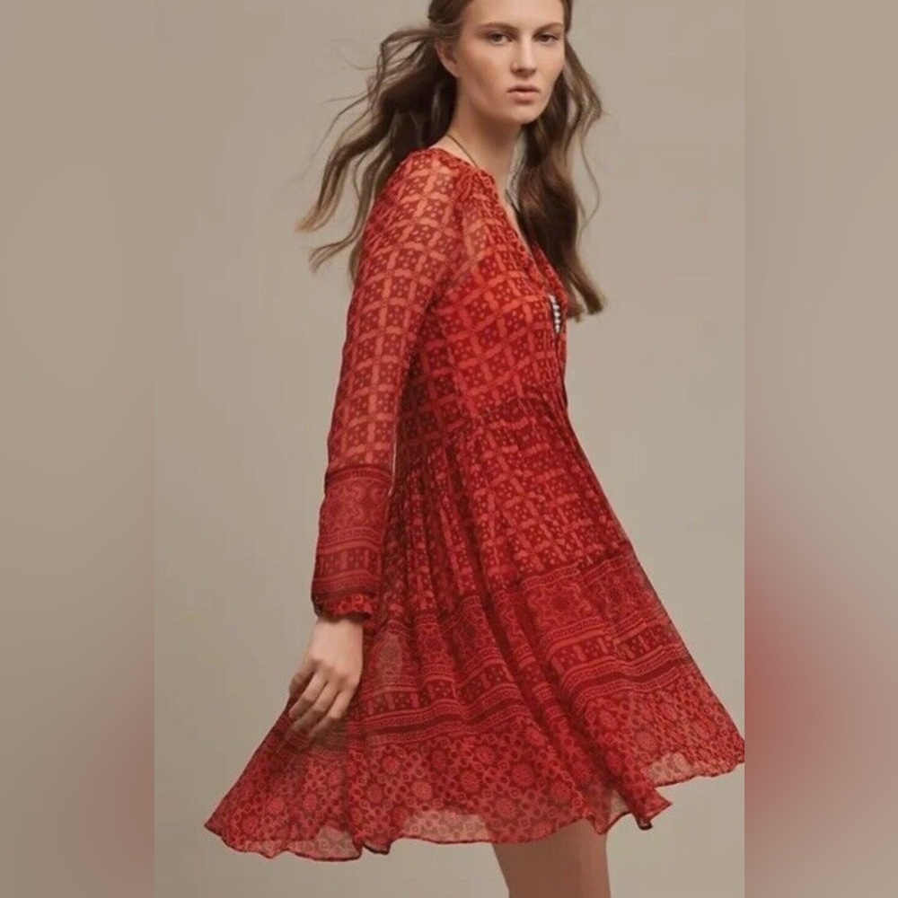 Anthropologie Maeve Dress Womens 12 Red Print Semisheer Boho Peasant Babydoll